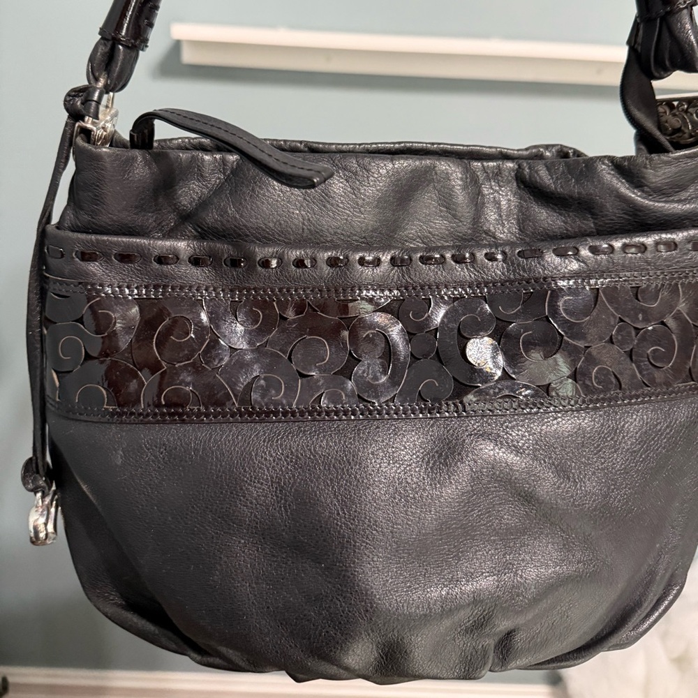 Brighton Black Leather Shoulder Bag with Swirl Detail